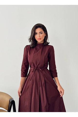 Kadın Pile Detaylı Uzun Boy Kuşaklı Özel Gün Günlük Elbise