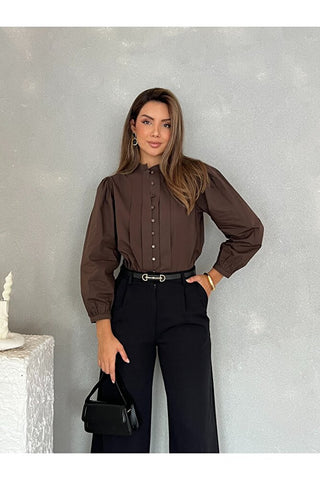 Önü Pileli Balon Kol Günlük Şık Gece Kadın Gömlek