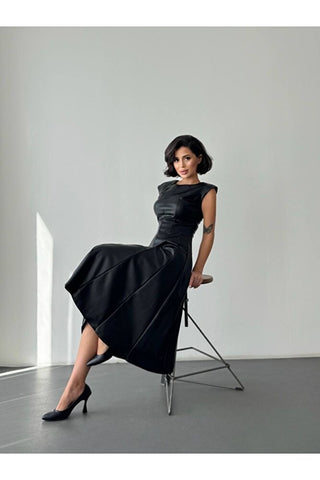 Deri Midi Boy Kolsuz Özel Gün Günlük Kadın Elbise