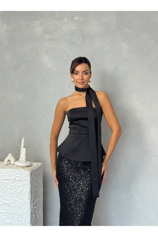 Straplez Seyyar Kuşaklı Üstü Saten Altı Pul Payet Özel Gün Şık Kadın Noire Elbise