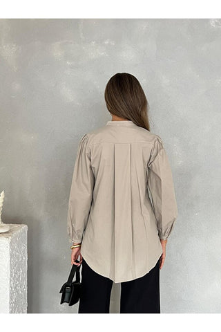 Önü Pileli Balon Kol Günlük Şık Gece Kadın Gömlek