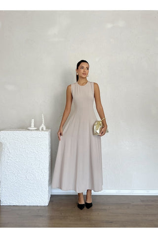 Biyeli Uzun Belden Aşağı Çan İnen Kolsuz Şık Günlük Kadın Elbise