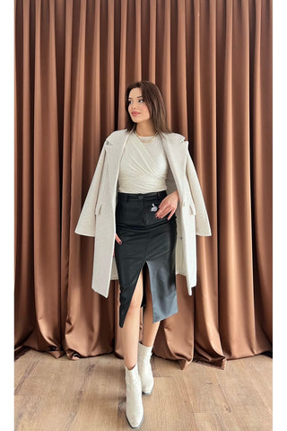 Oversize Simli Astarlı Kaşe Kaban