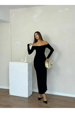 Kayık Yaka Uzun Boy Uzun Kol Vücudu Saran Özel Gün Şık Kadın Elbise