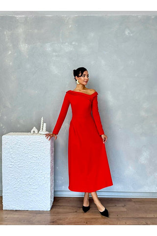 Kayık Yaka Omuz Detaylı Uzun Özel Gün Günlük Leonora Kadın Elbise