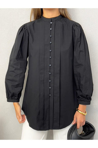 Önü Pileli Balon Kol Günlük Şık Gece Kadın Gömlek