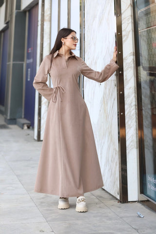 Kadife Yandan Bağlamalı Yarım Pat Düğmeli Özel Gün Günlük Uzun Boy Kadın Elbise