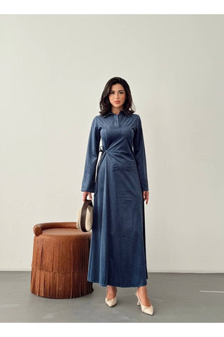 Kadife Yandan Bağlamalı Yarım Pat Düğmeli Özel Gün Günlük Uzun Boy Kadın Elbise