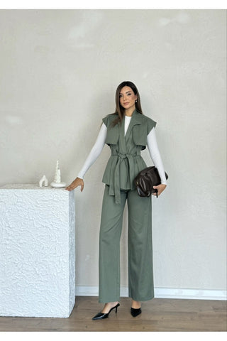 Rüzgarlık Detaylı Kuşaklı Kolsuz Kadın Şık Klasik Günlük Nişan Düğün Pantolon Yelek Takım