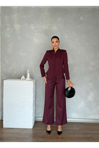 Vatkalı Önü Düğmeli Klasik Kadın Arven Ceket Pantolon Takım