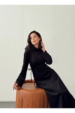 Kadife Yandan Bağlamalı Yarım Pat Düğmeli Özel Gün Günlük Uzun Boy Kadın Elbise