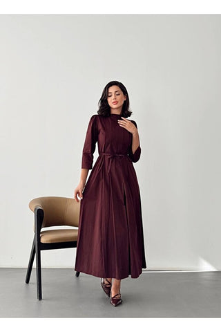 Kadın Pile Detaylı Uzun Boy Kuşaklı Özel Gün Günlük Elbise
