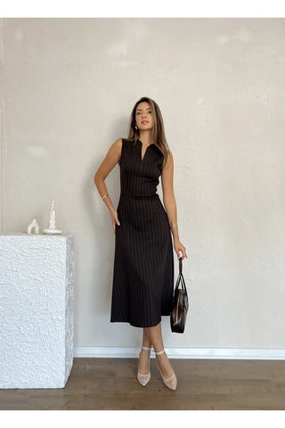 Sıfır Kol Çizgili Belden Oturan Kadın Günlük Office Özel Gün Midi Elbise