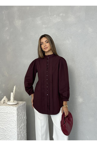 Önü Pileli Balon Kol Günlük Şık Gece Kadın Gömlek