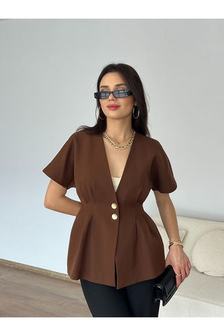 Belden Oturtmalı Kısa Kol Düğmeli Kadın Ceket