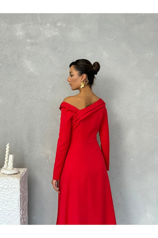 Kayık Yaka Omuz Detaylı Uzun Özel Gün Günlük Leonora Kadın Elbise