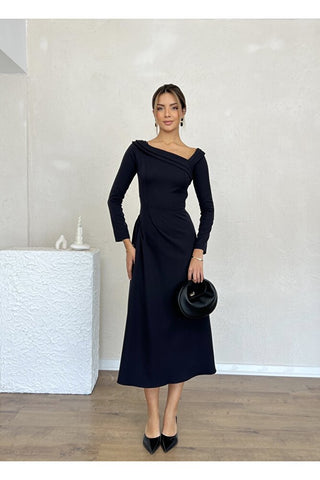 Kayık Yaka Omuz Detaylı Uzun Özel Gün Günlük Kadın Elbise