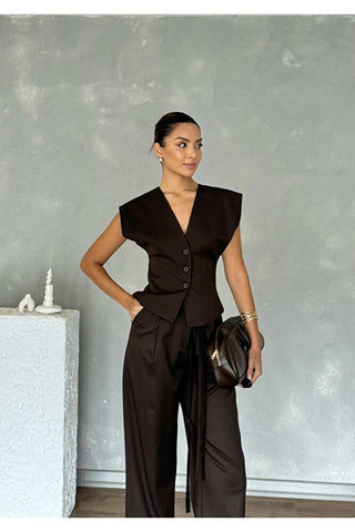 Kolsuz Kuplu Yelek Pantolon Günlük Şık Özel Gün Kadın Takım
