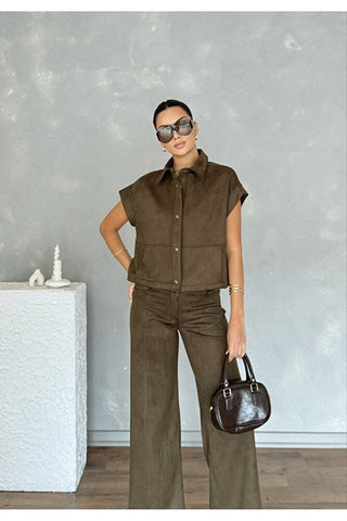 Kadın Yelekli Pantolonlu Süet Takım