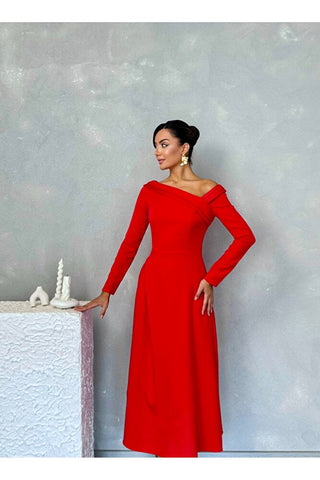 Kayık Yaka Omuz Detaylı Uzun Özel Gün Günlük Leonora Kadın Elbise
