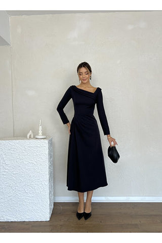 Kayık Yaka Omuz Detaylı Uzun Özel Gün Günlük Kadın Elbise
