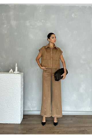 Kadın Yelekli Pantolonlu Süet Takım