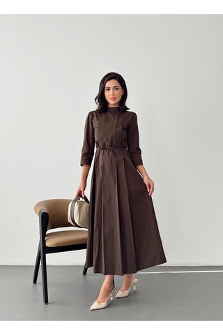 Kadın Pile Detaylı Uzun Boy Kuşaklı Özel Gün Günlük Elbise