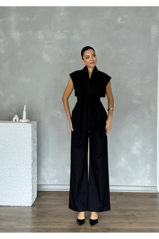 Rüzgarlık Detaylı Kuşaklı Kolsuz Kadın Şık Klasik Günlük Nişan Düğün Pantolon Yelek Takım