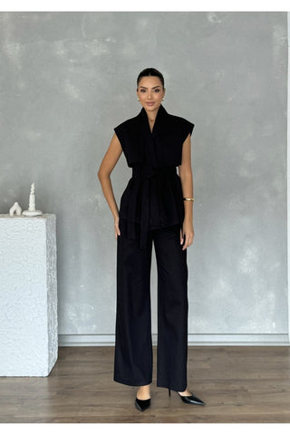 Rüzgarlık Detaylı Kuşaklı Kolsuz Kadın Şık Klasik Günlük Nişan Düğün Pantolon Yelek Takım