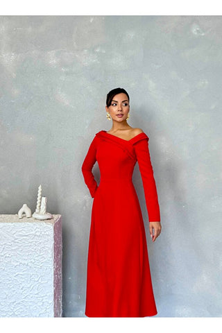 Kayık Yaka Omuz Detaylı Uzun Özel Gün Günlük Leonora Kadın Elbise