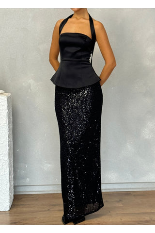 Straplez Seyyar Kuşaklı Üstü Saten Altı Pul Payet Özel Gün Şık Kadın Noire Elbise