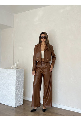 Kadın Deri Astarlı Kısa Ceket Pantolon Takım