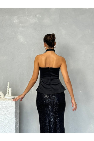 Straplez Seyyar Kuşaklı Üstü Saten Altı Pul Payet Özel Gün Şık Kadın Noire Elbise