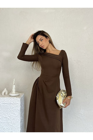 Kayık Yaka Omuz Detaylı Uzun Özel Gün Günlük Kadın Elbise