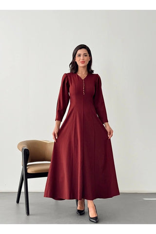 V Yaka Önü Düğme Detaylı Belden Oturan Uzun Boy Günlük Özel Gün Kadın Elbise