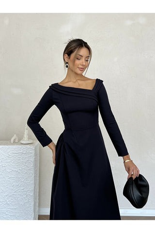Kayık Yaka Omuz Detaylı Uzun Özel Gün Günlük Kadın Elbise