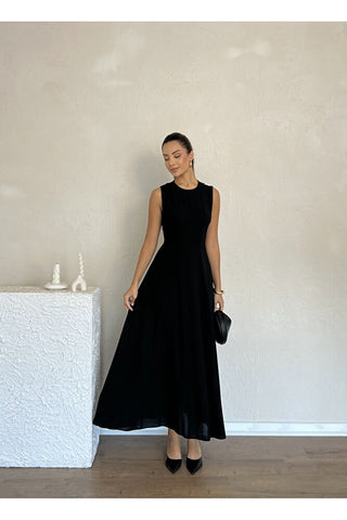 Biyeli Uzun Belden Aşağı Çan İnen Kolsuz Şık Günlük Kadın Elbise