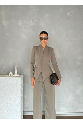 Vatkalı Önü Düğmeli Klasik Kadın Arven Ceket Pantolon Takım