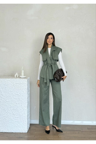 Rüzgarlık Detaylı Kuşaklı Kolsuz Kadın Şık Klasik Günlük Nişan Düğün Pantolon Yelek Takım