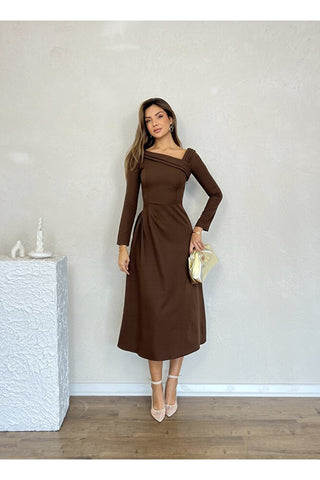 Kayık Yaka Omuz Detaylı Uzun Özel Gün Günlük Kadın Elbise
