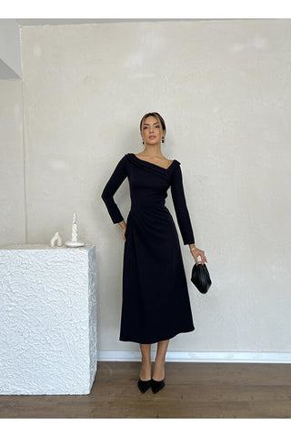 Kayık Yaka Omuz Detaylı Uzun Özel Gün Günlük Kadın Elbise