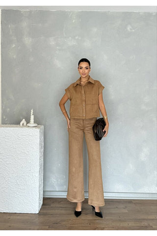 Kadın Yelekli Pantolonlu Süet Takım