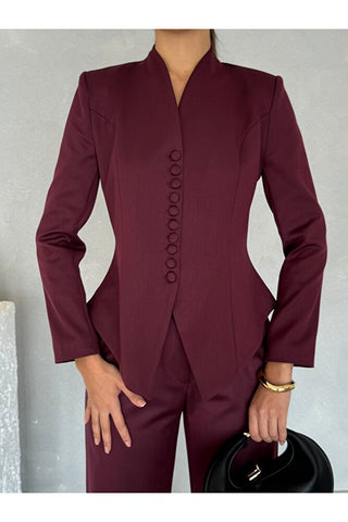 Vatkalı Önü Düğmeli Klasik Kadın Arven Ceket Pantolon Takım