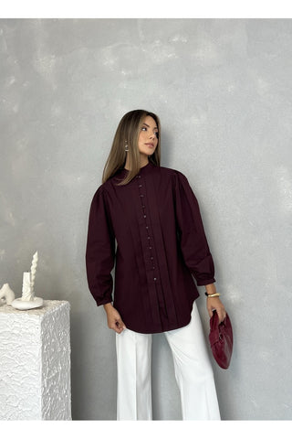 Önü Pileli Balon Kol Günlük Şık Gece Kadın Gömlek
