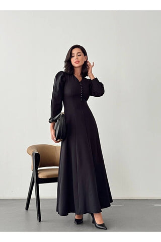 V Yaka Önü Düğme Detaylı Belden Oturan Uzun Boy Günlük Özel Gün Kadın Elbise
