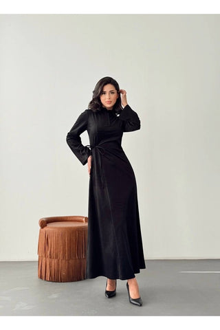 Kadife Yandan Bağlamalı Yarım Pat Düğmeli Özel Gün Günlük Uzun Boy Kadın Elbise
