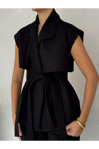 Rüzgarlık Detaylı Kuşaklı Kolsuz Kadın Şık Klasik Günlük Nişan Düğün Pantolon Yelek Takım