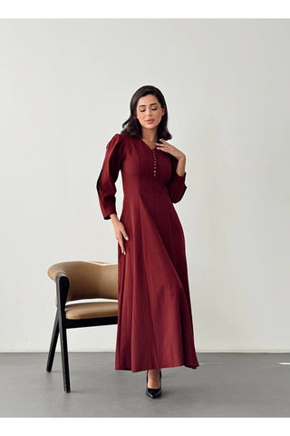 V Yaka Önü Düğme Detaylı Belden Oturan Uzun Boy Günlük Özel Gün Kadın Elbise