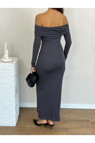 Kayık Yaka Uzun Boy Uzun Kol Vücudu Saran Özel Gün Şık Kadın Elbise