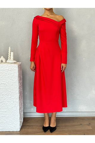 Kayık Yaka Omuz Detaylı Uzun Özel Gün Günlük Leonora Kadın Elbise